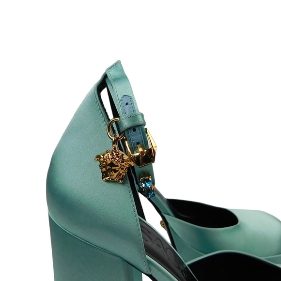 NWT Authentic Versace Medusa Aevitas Platform Mary Janes Pump blue satin Size 39 - Picture 7 of 13